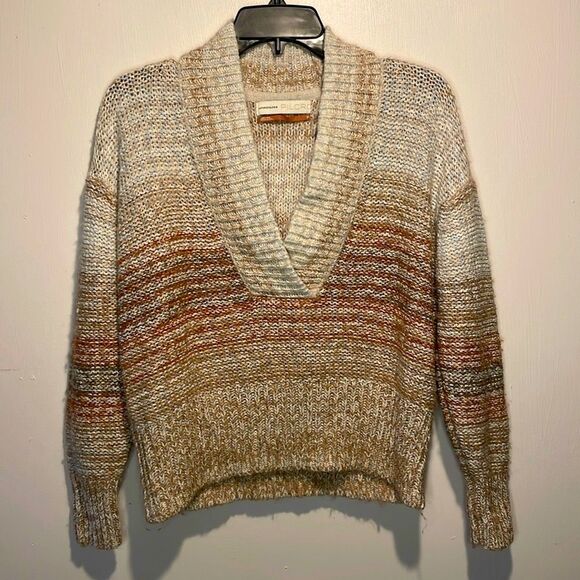 Pilcro- Anthropologie “Joyce” Neutral Striped V Neck Chunky Crop Sweater- Size S - Picture 3 of 10